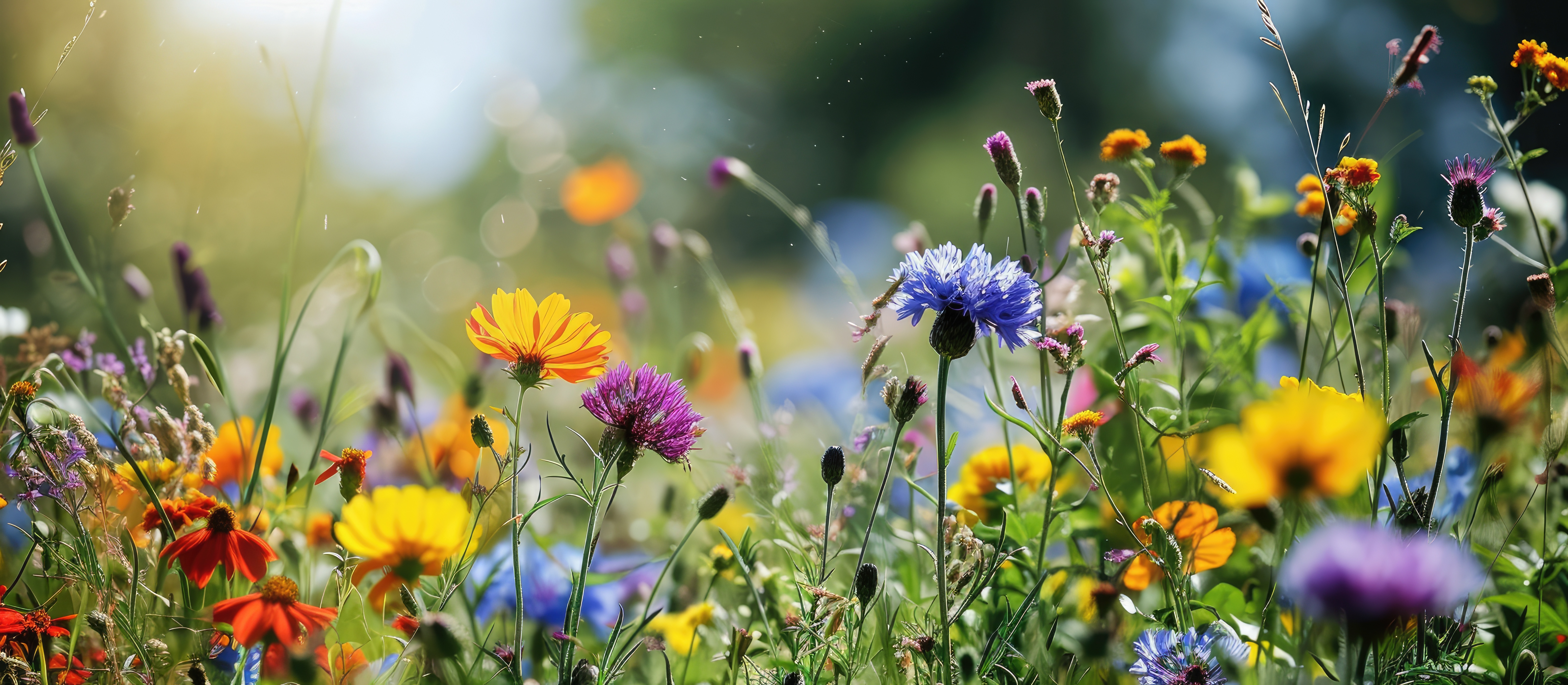 Colorful wild flowers along agriculture field as biodiversity measure and good practice of nature inclusve farming. with copy space image. Place for adding text or design